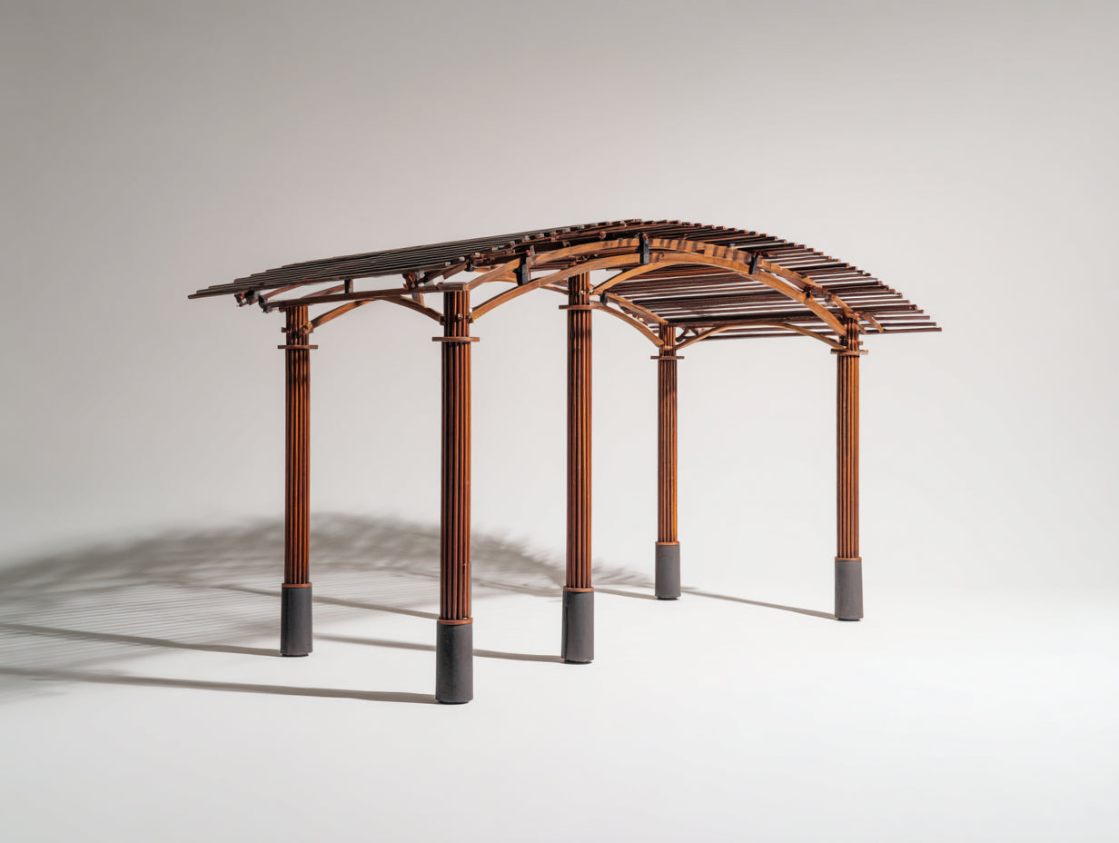 Pavillon aus Holz 400 x 300 x 250 cm - Naturbraun-Anthrazit - Gebogenes Lamellendach mit sechs Standpfosten