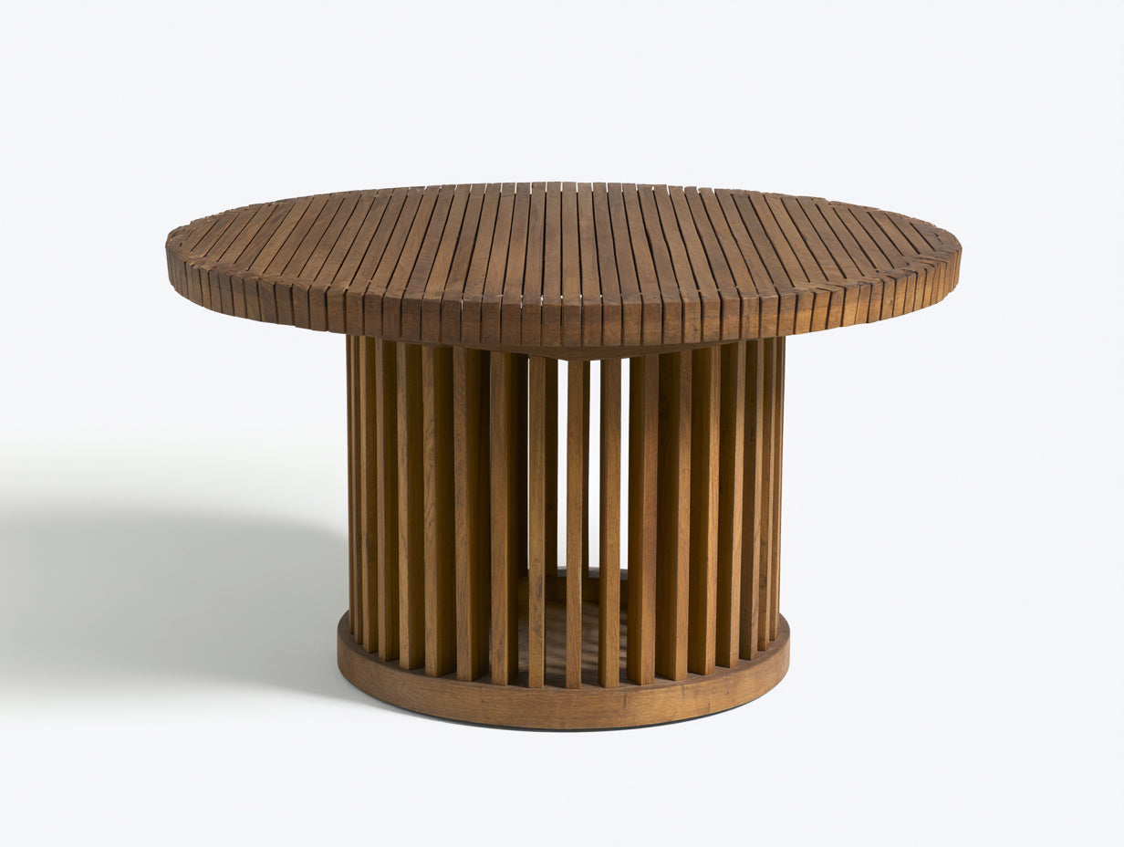 Gartentisch aus Holz 140 x 100 x 75 cm - Naturbraun - Ovale Lamellenplatte mit zylindrischem Säulengestell