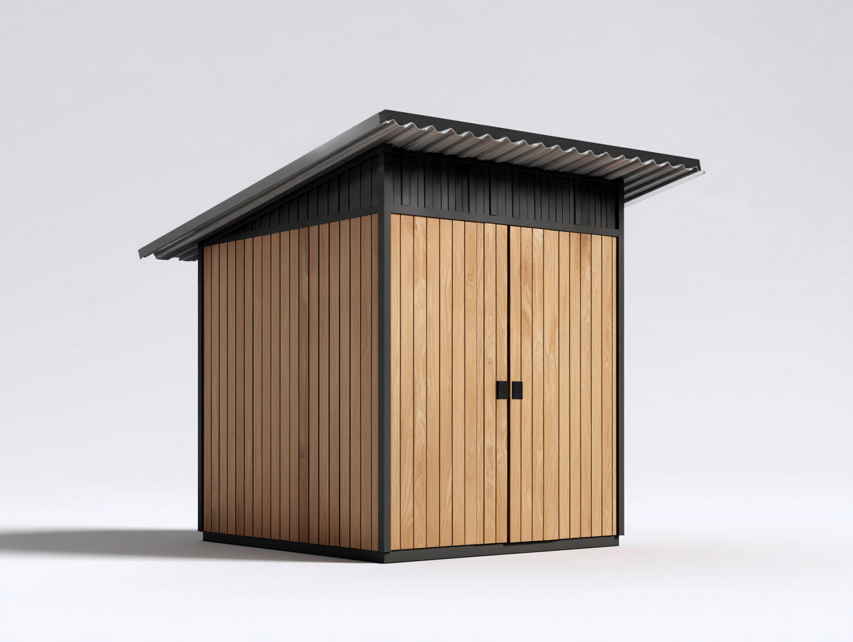 Gartenhäuser aus Holz und Metall 182 x 146 x 224 cm - Natur Schwarz und Grau - Gerätehaus mit 2 Türen und Satteldach für Garten