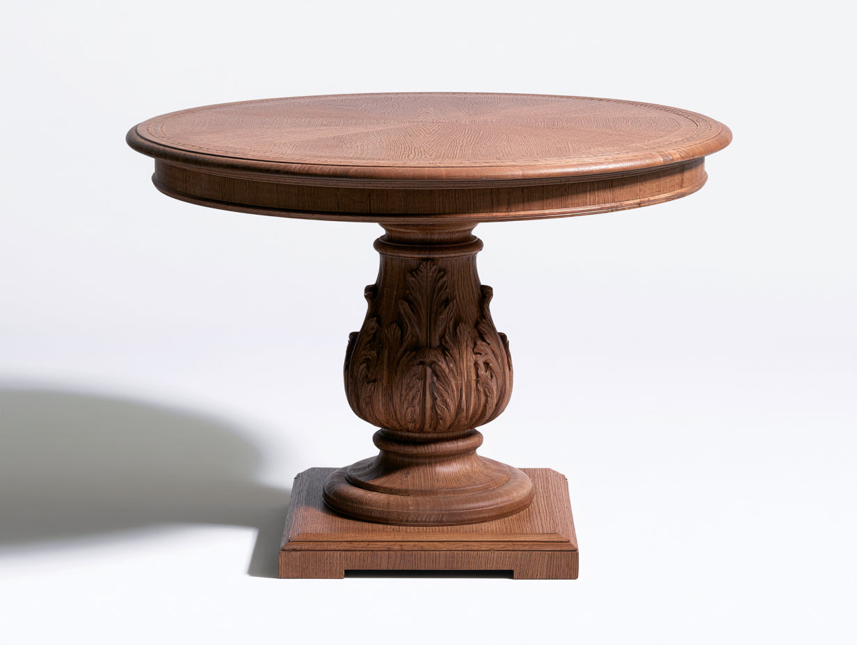 Gartentisch aus Holz 110 x 110 x 76 cm - Dunkelbraun - Runde Tischplatte mit klassischem Säulenfuß und Reliefdekor