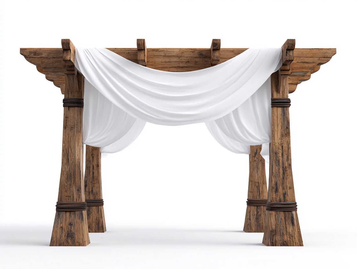 Pavillon aus Holz 300 x 250 x 240 cm - Naturbraun-Weiß - Offene Rahmenkonstruktion mit Stoffdrapierung