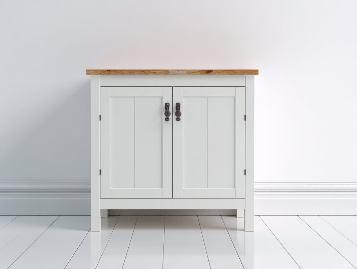 Sideboards Holzwerkstoff ca. 90 x 40 x 85 cm - Weiß-Natur - Landhausdesign mit 2 Türen