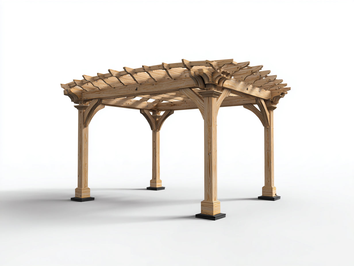 Pavillon aus Holz 330 x 290 x 248 cm - Naturbraun und Schwarz - Rechteckige Pergola mit offenem Lamellendach und 4 Stützpfosten