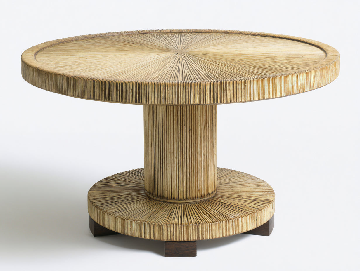 Gartentisch Rattan Holz 120x120x75 cm - Naturfarben Braun - rund mit Säulenfuß