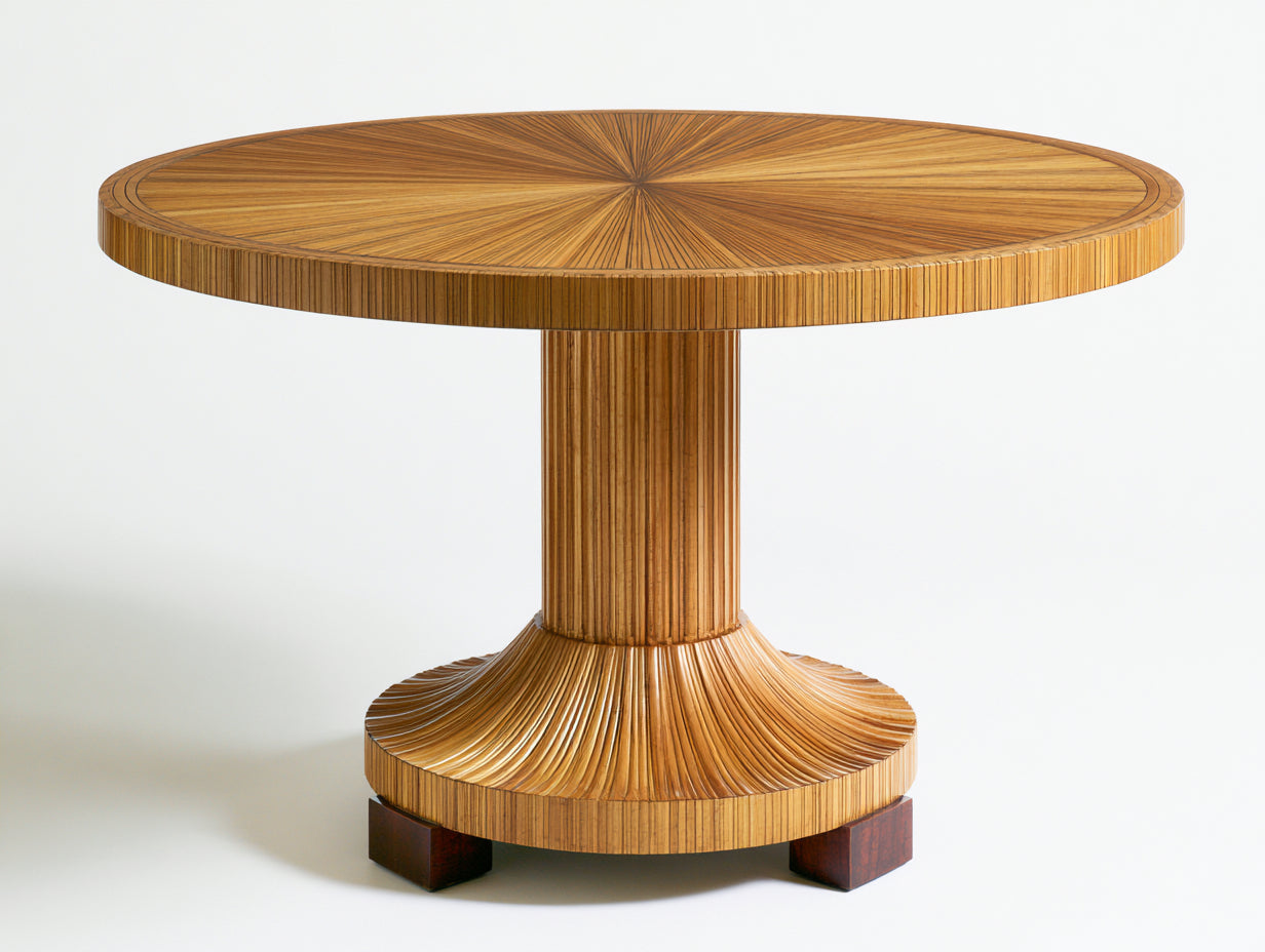 Gartentisch aus Holz 120 x 120 x 75 cm - Naturbraun-Dunkelbraun - Runde Radialplatte mit Säulengestell