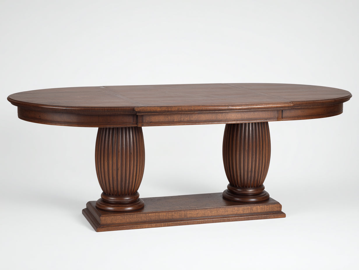 Gartentisch aus Holz 220 x 110 x 76 cm - Dunkelbraun - Ovaler Esstisch mit 2 geriffelten Säulenfüßen und Sockelgestell