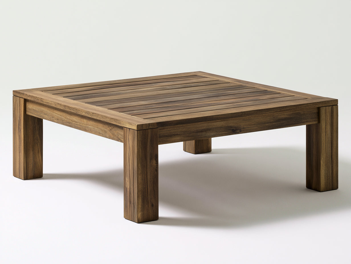 Gartentisch aus Holz 100 x 100 x 45 cm - Naturbraun - Quadratische Lamellenplatte mit Vierbeingestell