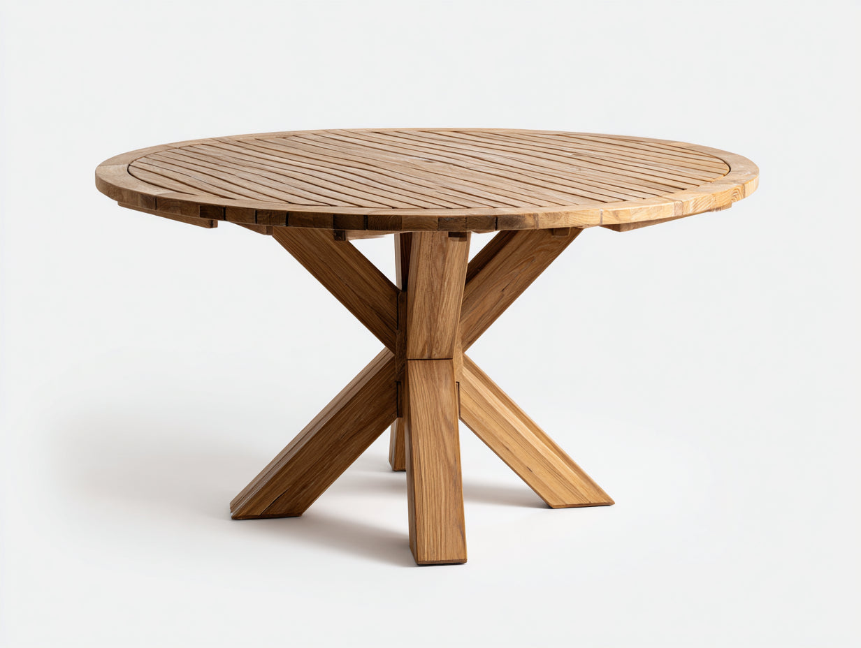 Gartentisch aus Holz 120 x 120 x 75 cm - Naturbraun - Runde Lamellenplatte mit stabilem Kreuzgestell