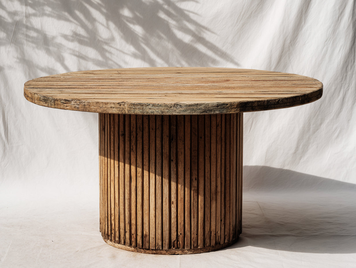 Gartentisch aus Holz 140 x 140 x 76 cm - Naturbraun und Dunkelbraun - Runder Esstisch mit geriffeltem Säulenfuß im rustikalen Design